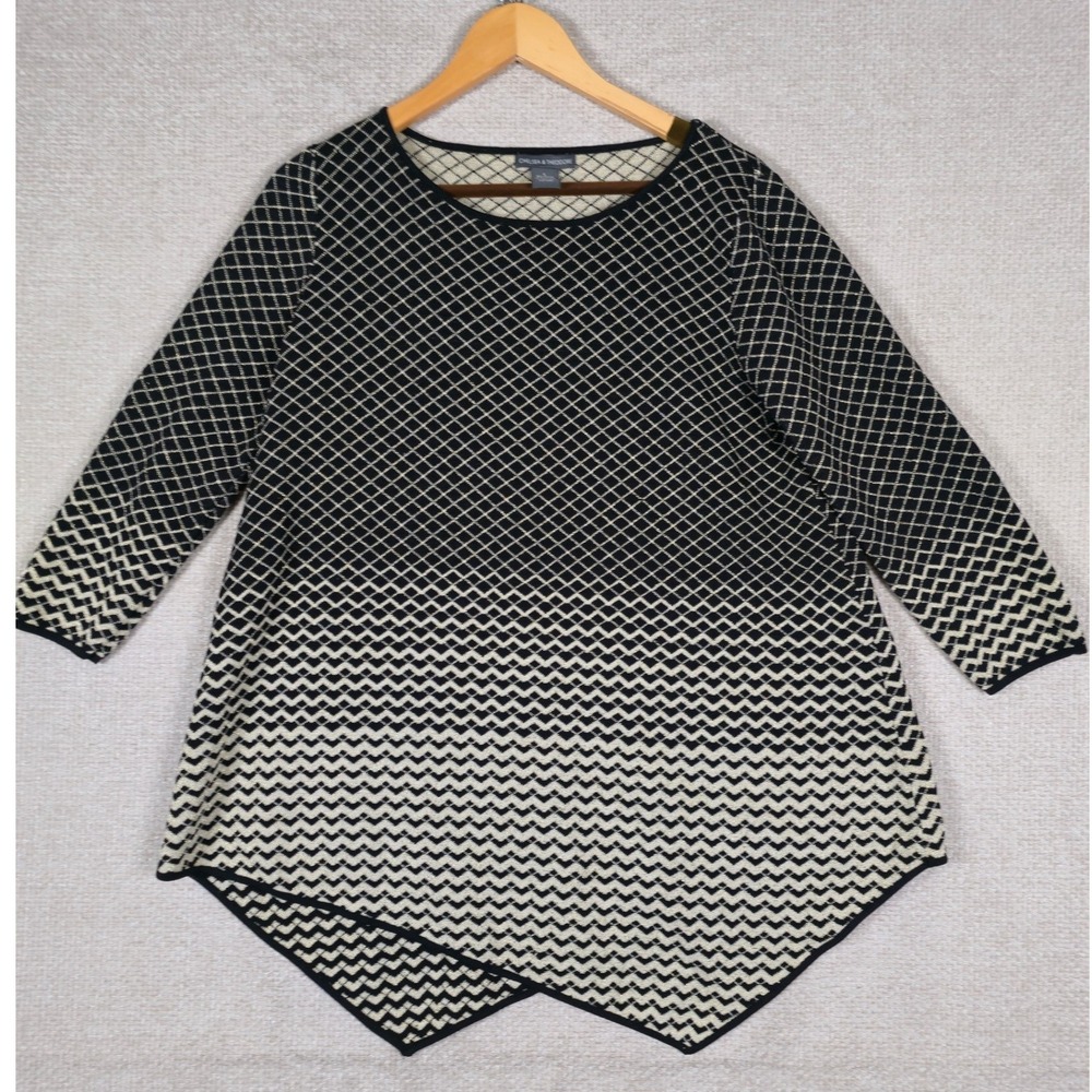 Chelsea‎ & Theodore Tunic Top Large Black Gold Diamond Geometric Sharkbite Hem L